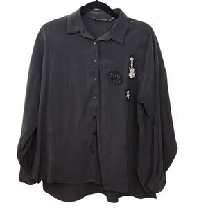 ZARA Basic Collection Black Glitter Rhinestone Beaded Button Down Shirt Women‎ M